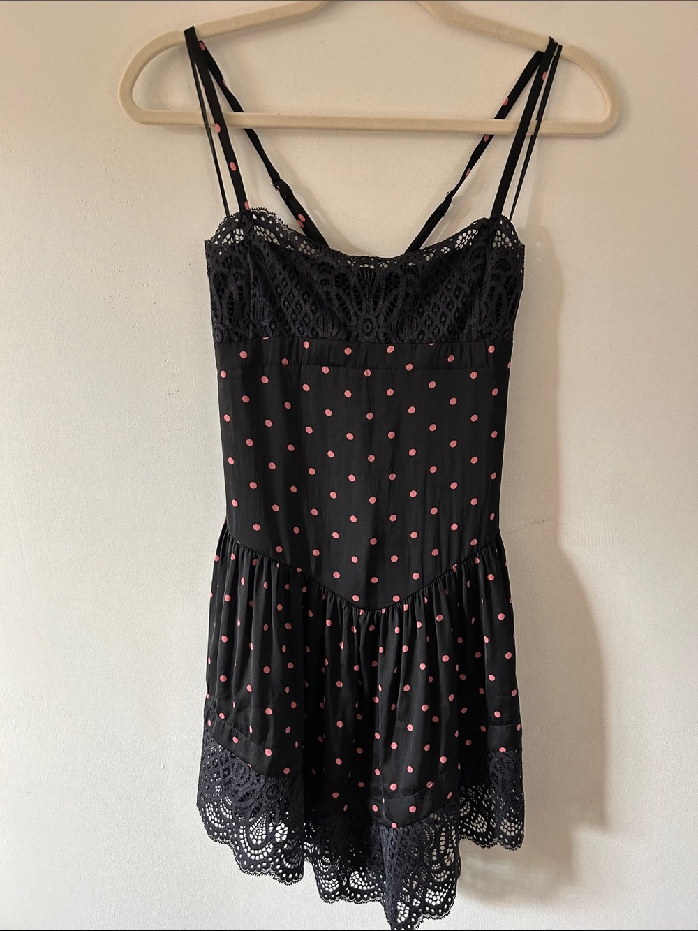 Intimately Free People City Wanders Trapeze Slip Black/Pink Polka Dot Lace Trim